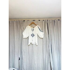 Boho Embroidered Peasant Blouse White Blue Cottagecore Repair Project Top